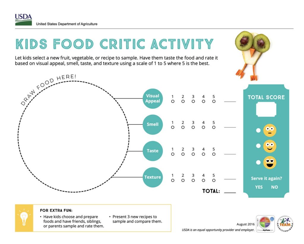 Kids food critic activity sheet